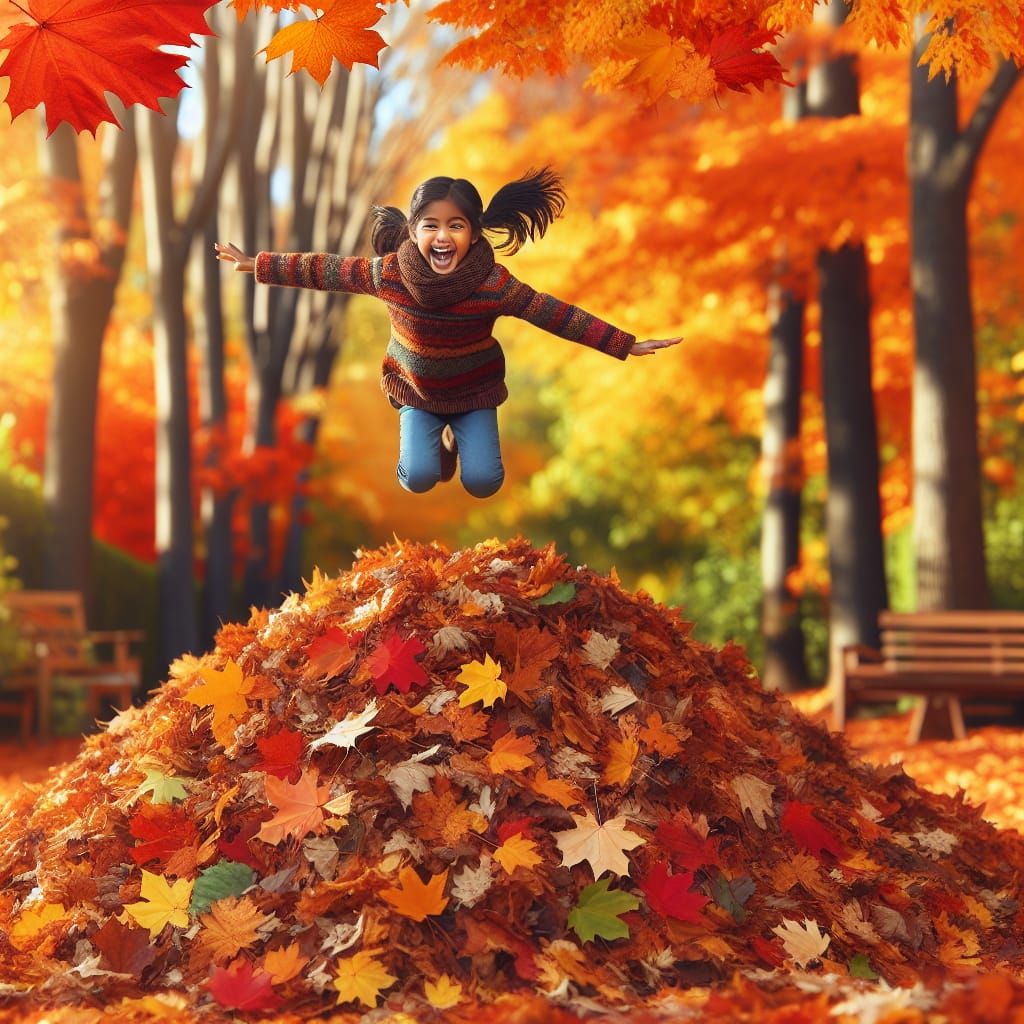 Joyful Girl Jumps into Autumn Leaves