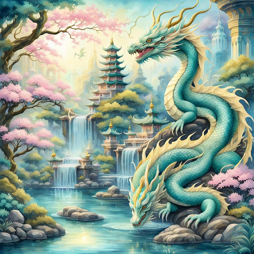 Eastern Dragon Coiled Around Shrine in Watercolor Art