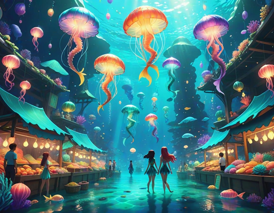Underwater Mermaid Market in Anime Style