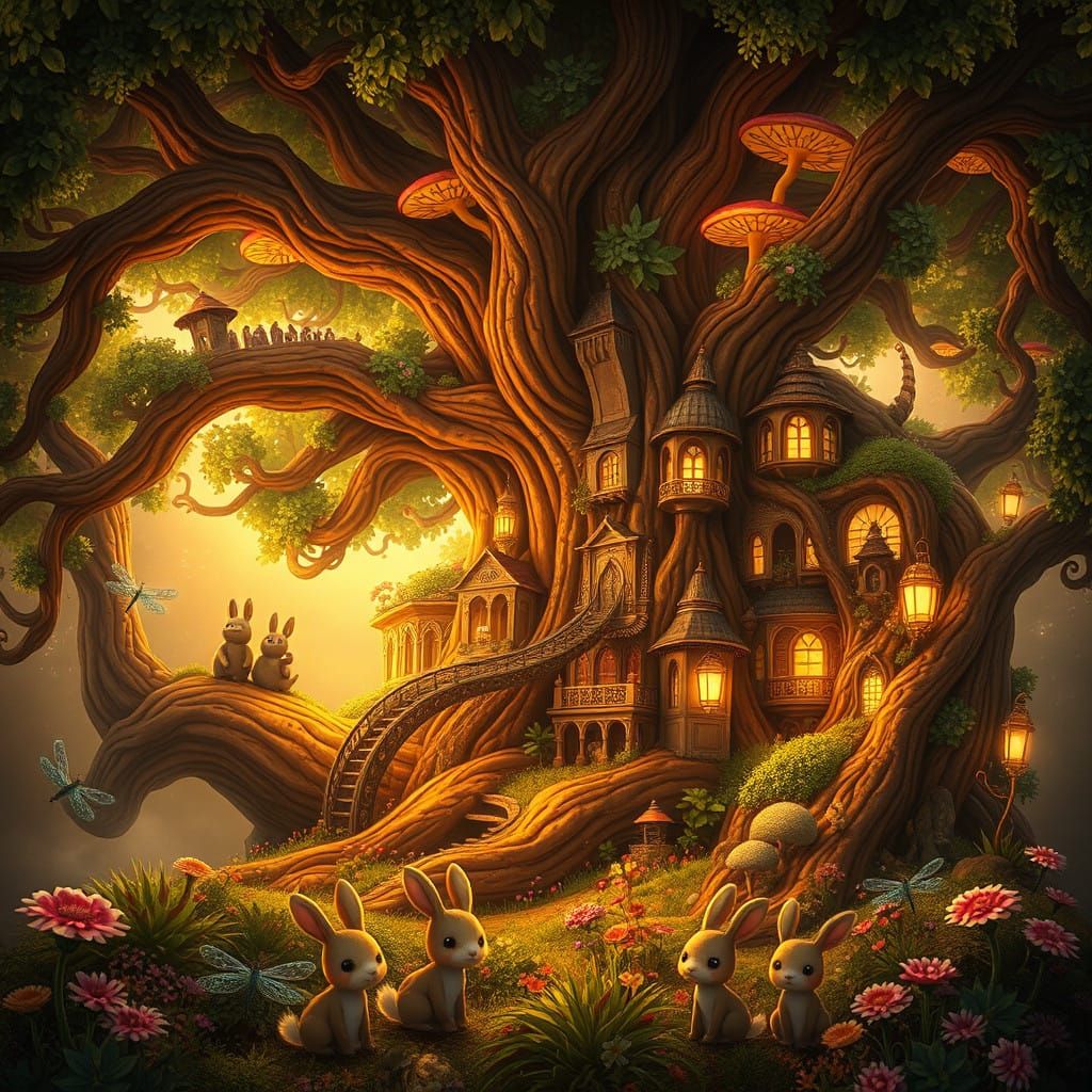 Enchanted Tree City with Whimsical Creatures