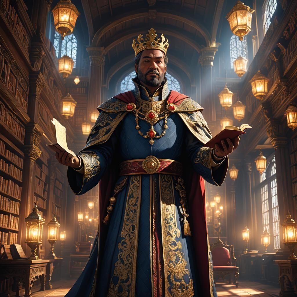 King in Library Holding Note: Fantasy Concept Art