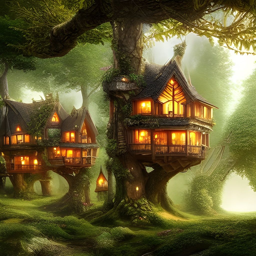 Fantasy Treehouse Village in Detailed Digital Painting