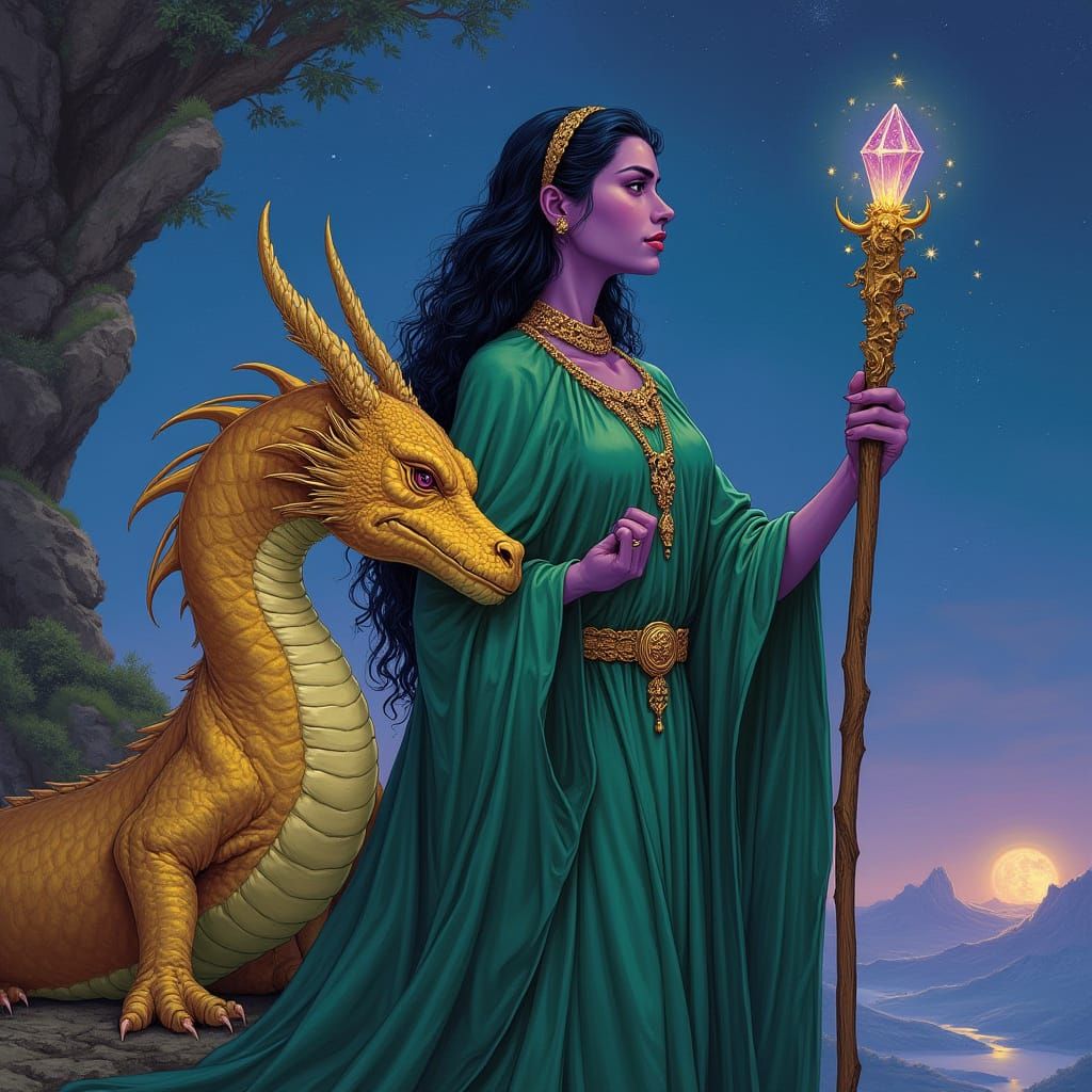 Wise Witch and Golden Dragon on Starlit Cliff