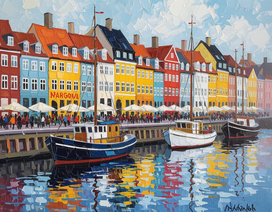 Nyhavn Waterfront in Neo-Impressionist Oil Painting Style