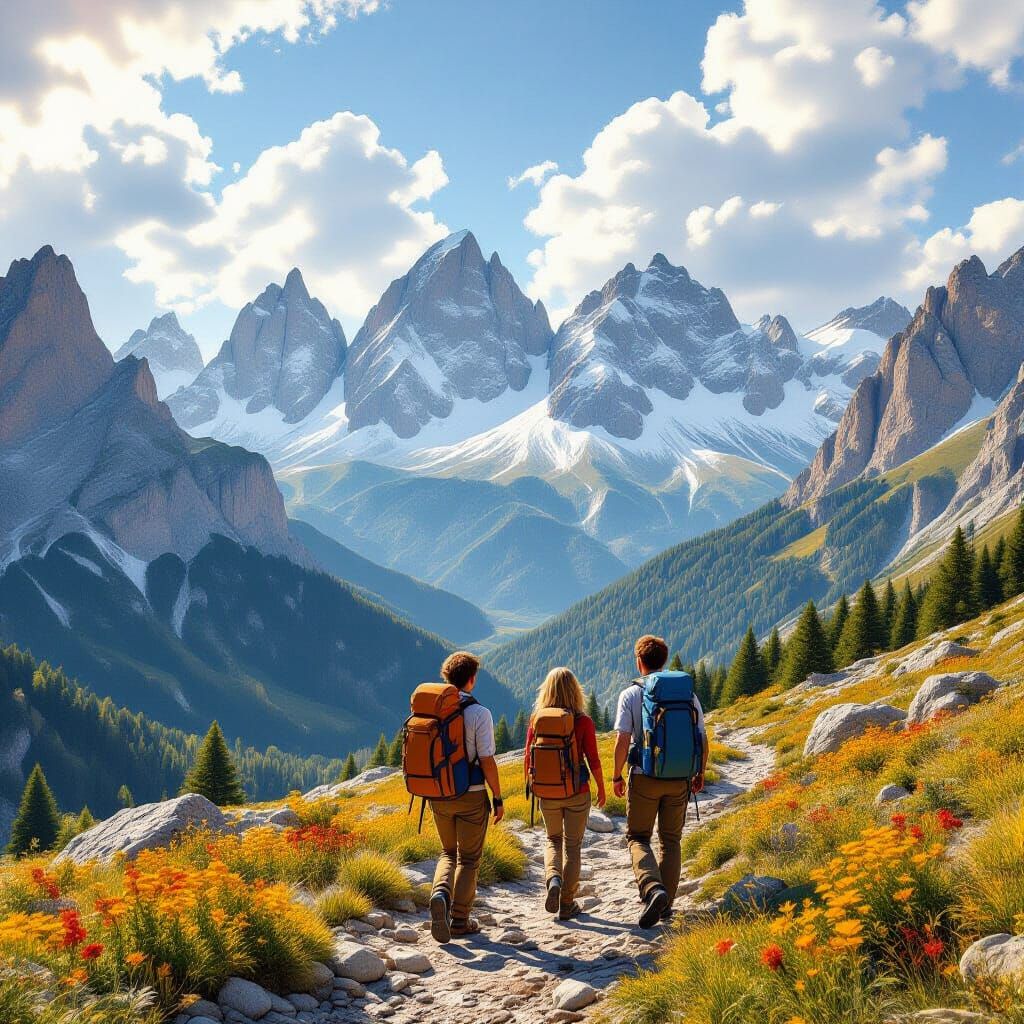 Friends Hiking in the Dolomites, Art Nouveau Style