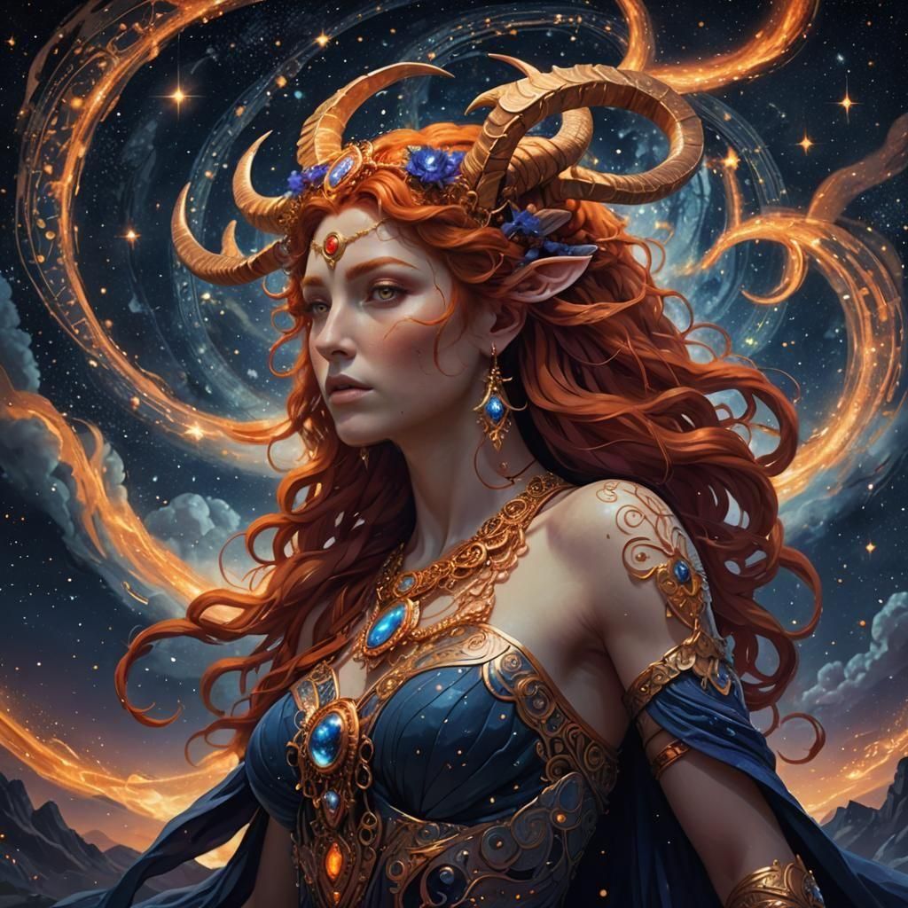 Aries Zodiac Goddess with Red-Orange Hair
