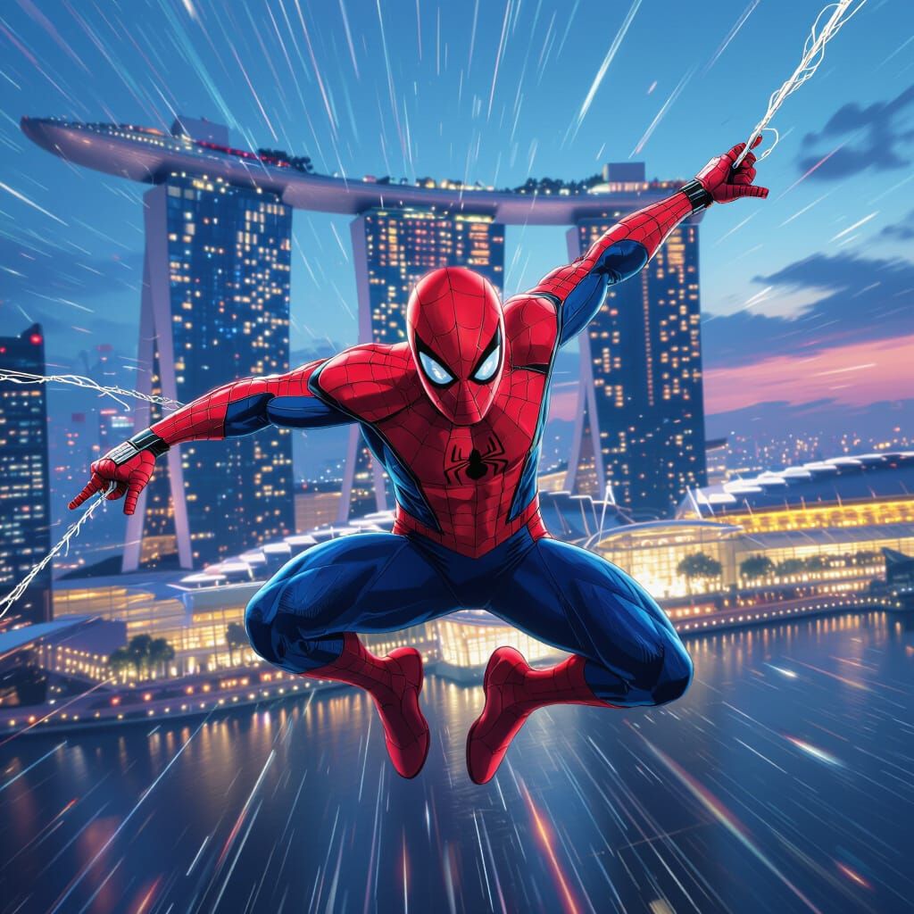 Spiderman Soars Through Singapore Skyline at Twilight