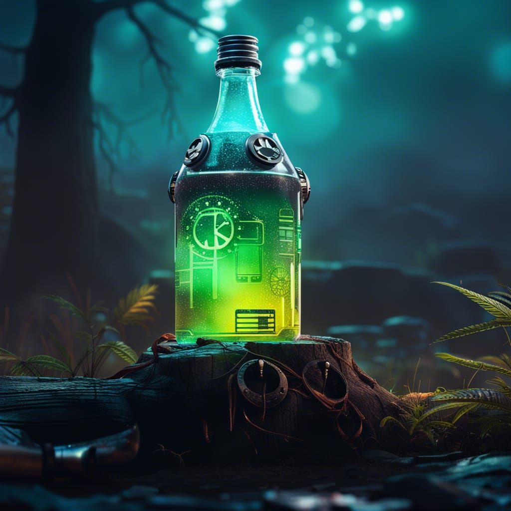 Steampunk Soda Bottle on Stump in Cyberpunk Style