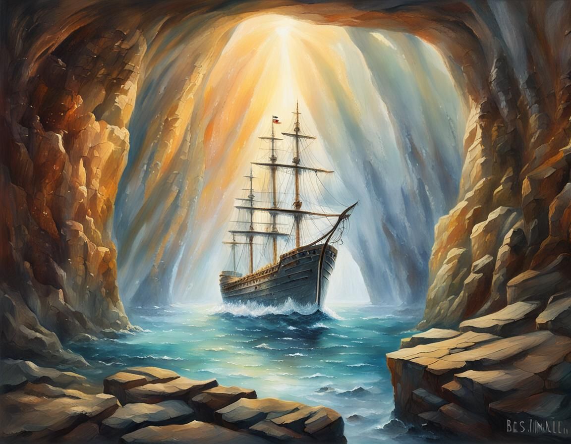 Ship Emerging from Ancient Cavern