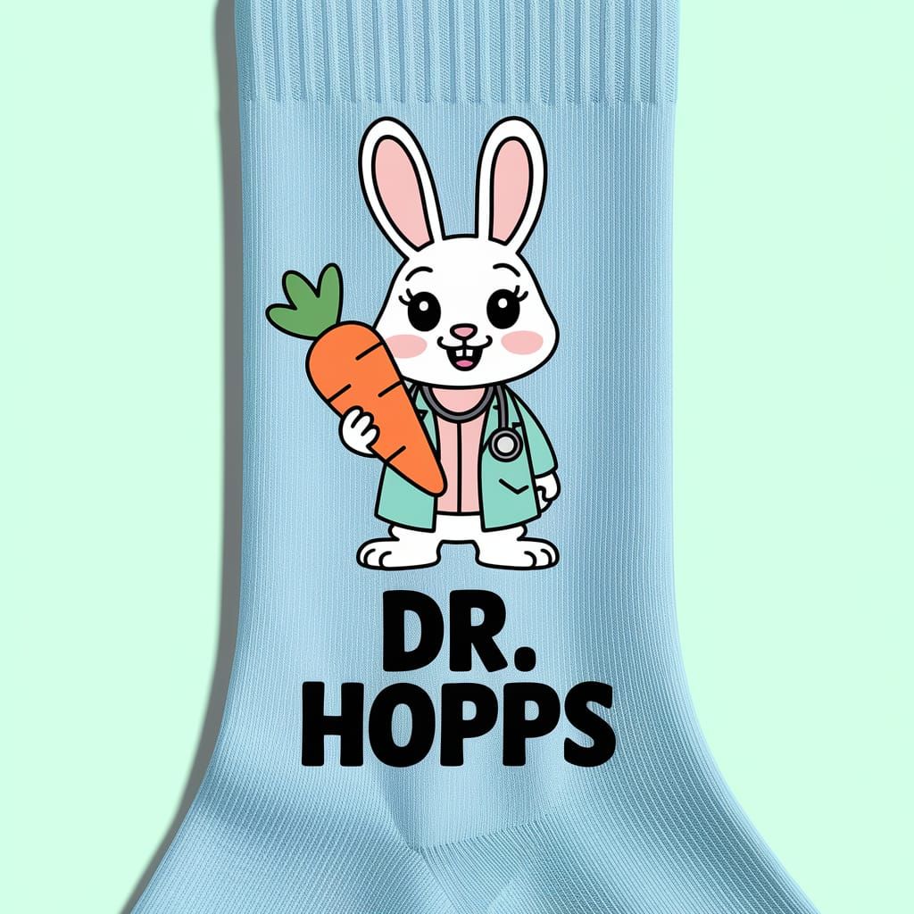 Cartoon Rabbit Doctor Sock Design in Pastel Colors