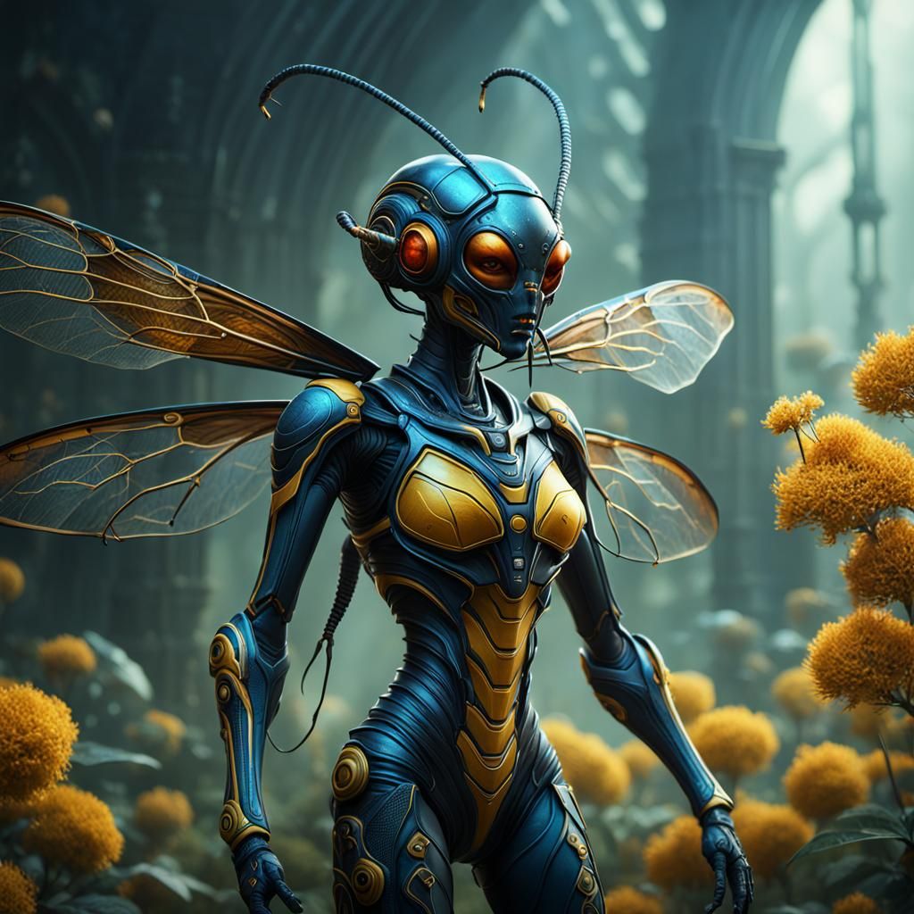Extraterrestrial Insect Wasp Woman: Detailed Digital Paintin...