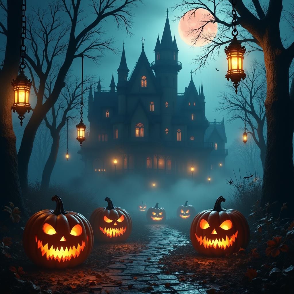 Eerie Gothic Mansion Under Blood Moon in Digital Painting