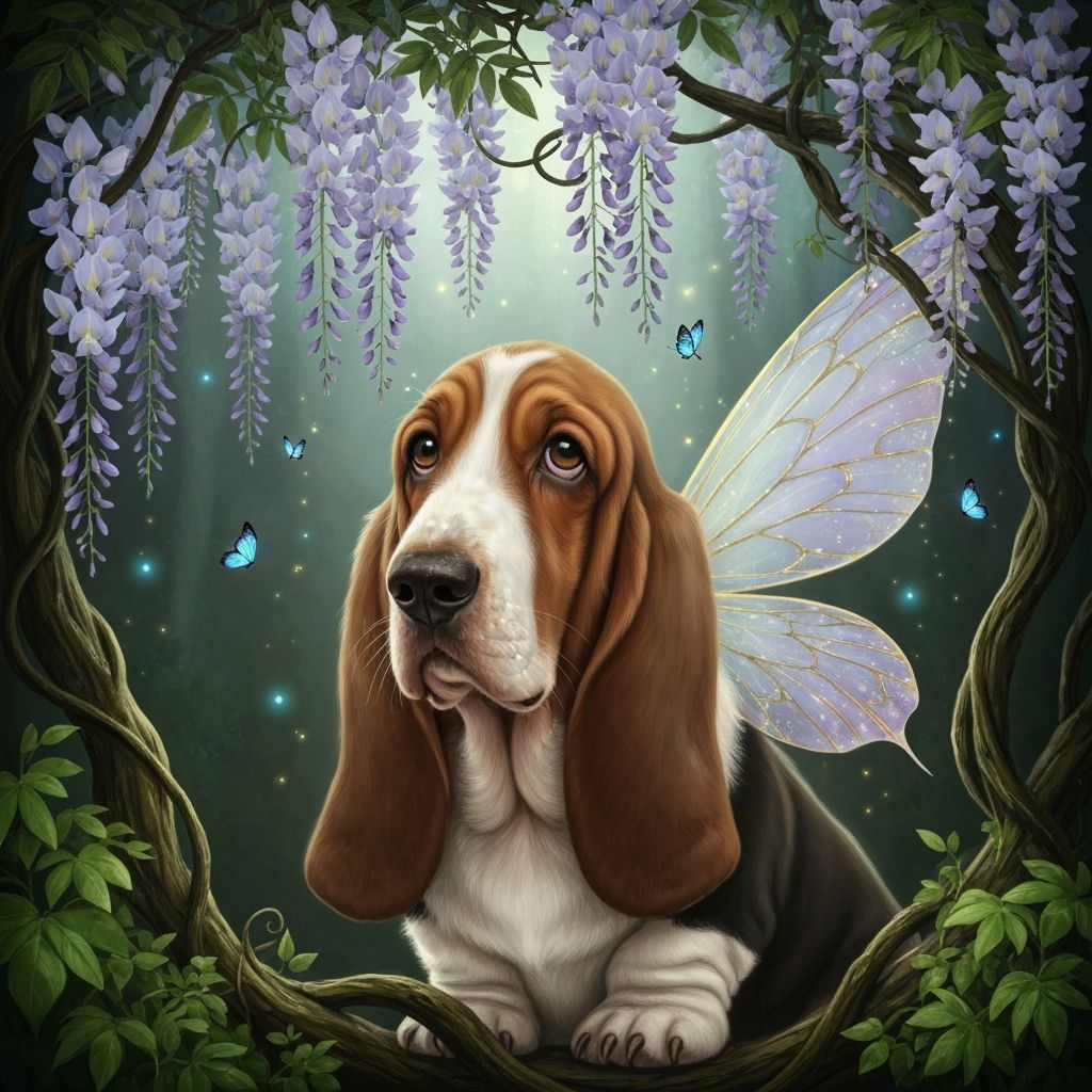 Basset Hound Fairy Among Wisteria Flowers