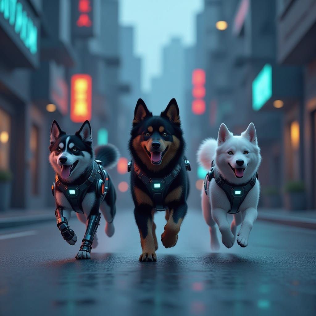 Three Mechanical Dogs in Futuristic Sci-Fi Street Scene