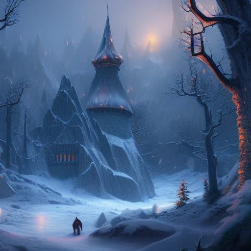 Winter Castle with Pines and Figure, Detailed Matte Painting