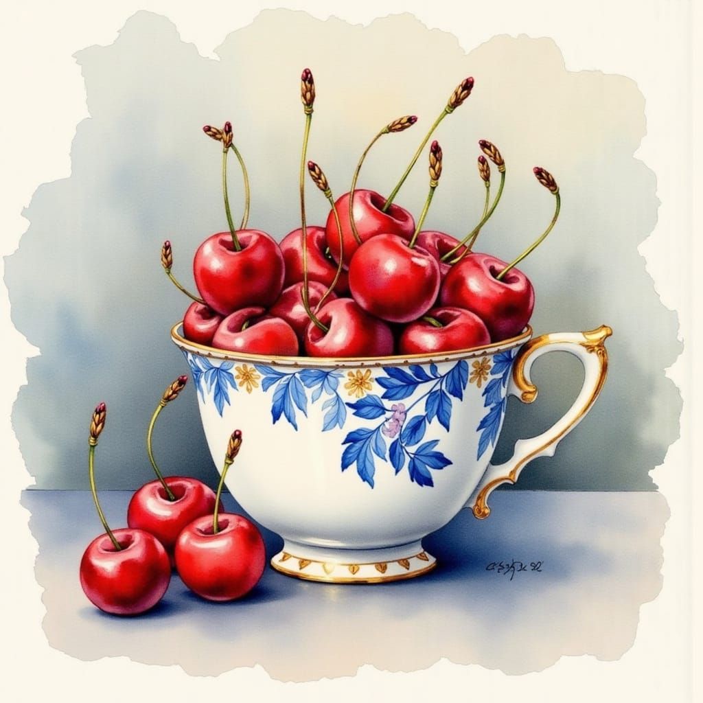 Ethereal Watercolor Painting of Cherries in Antique Porcelai...