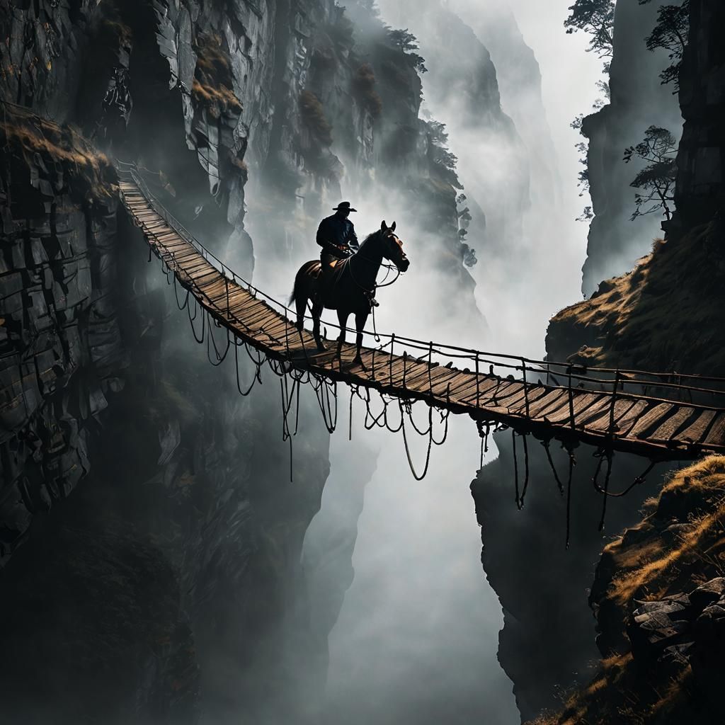 Equestrian Silhouette Crossing Gorge on Rope Ladder