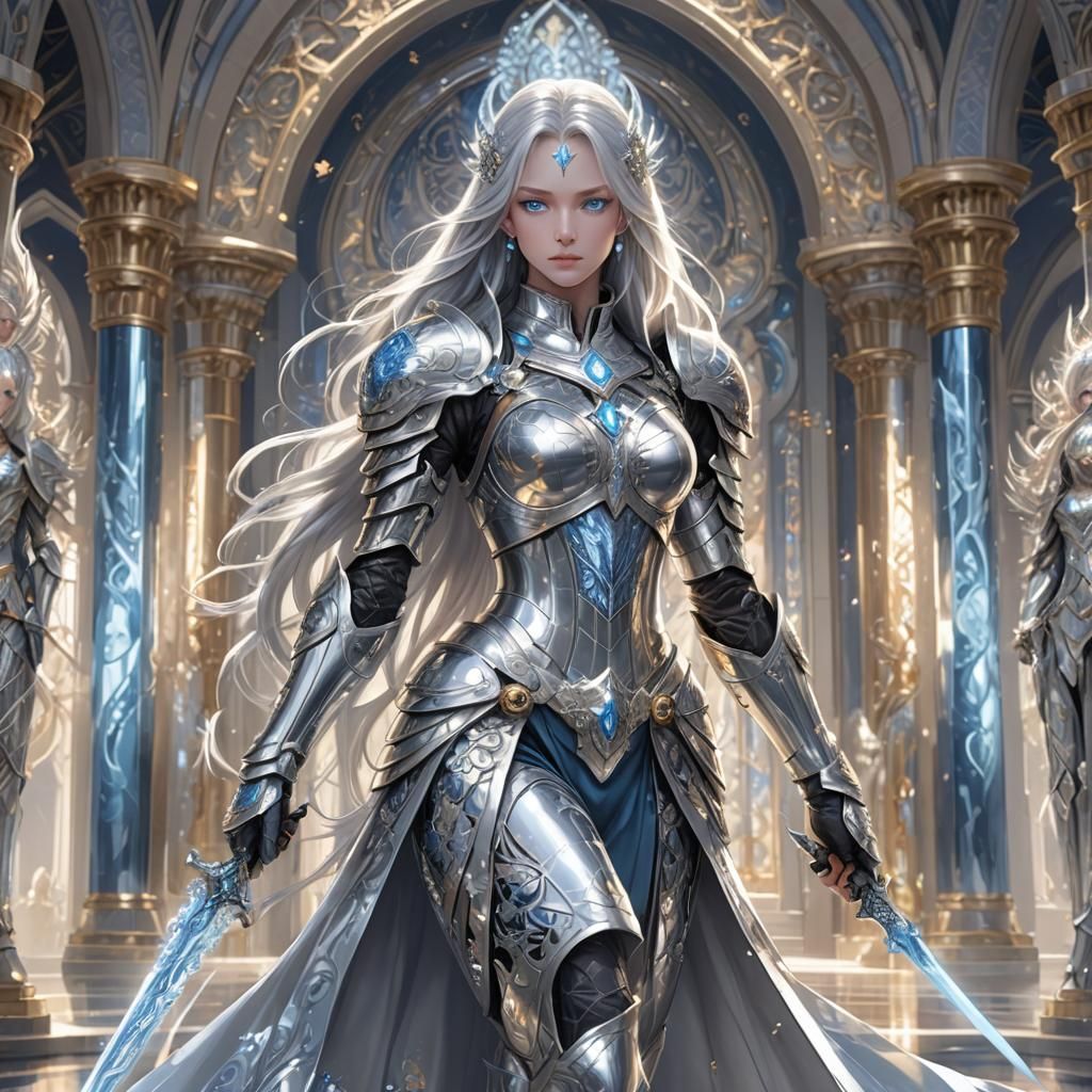 Platinum Anime Woman in Silver Palace, Digital Art