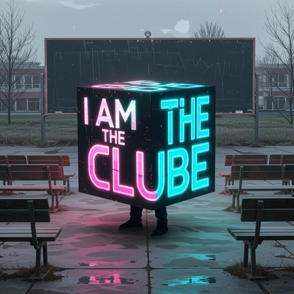 Cube's Soliloquy in a Neon Dystopian Schoolyard