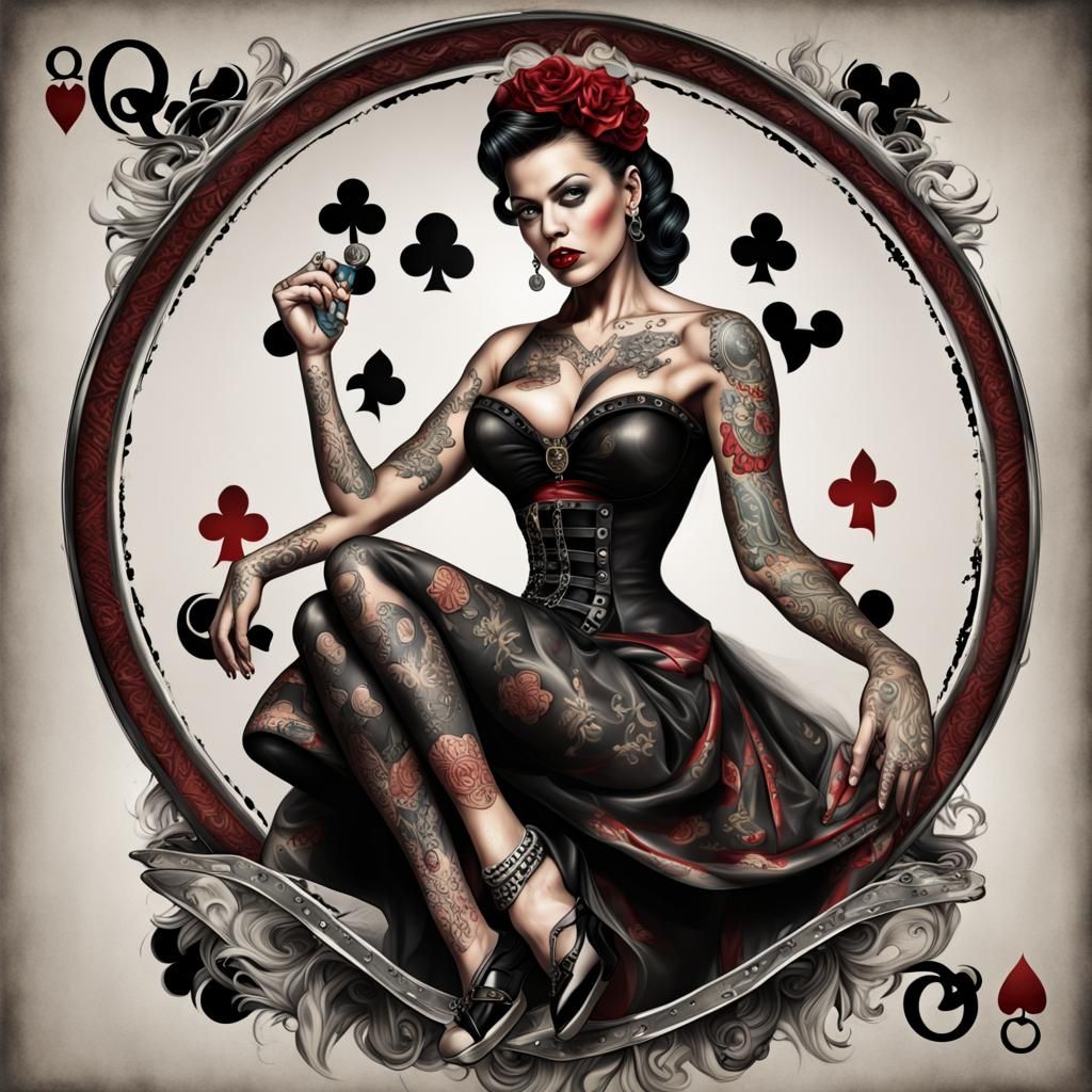 Rockabilly Queen of Clubs Tattoo Design