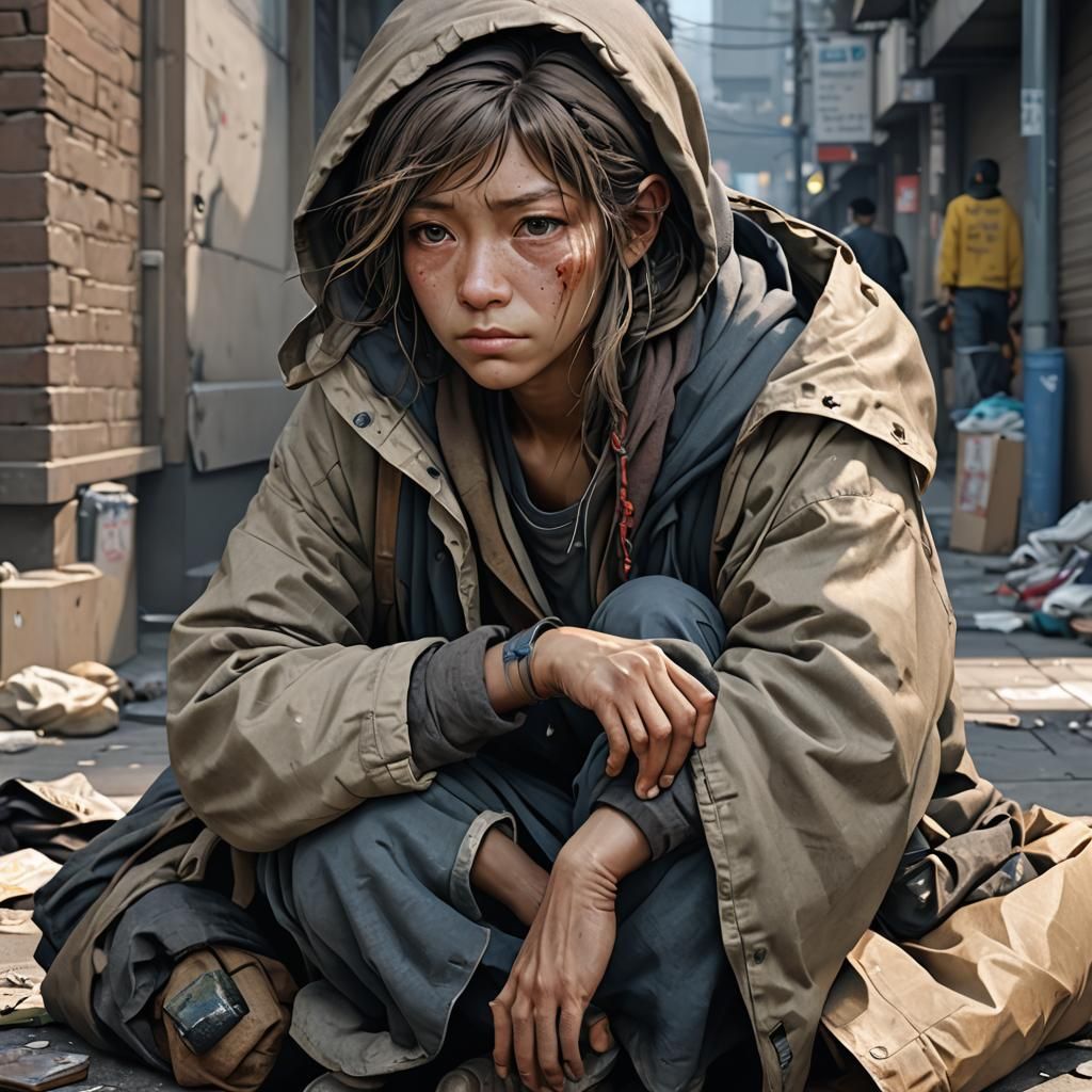 Anime-Style 3D Art of a Homeless Woman