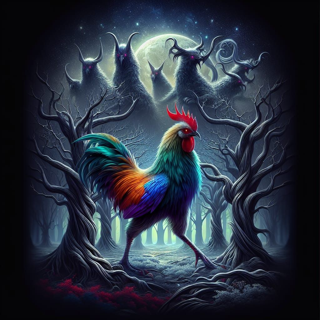 Chicken Duck Wolf Hybrid in Dark Fantasy Forest