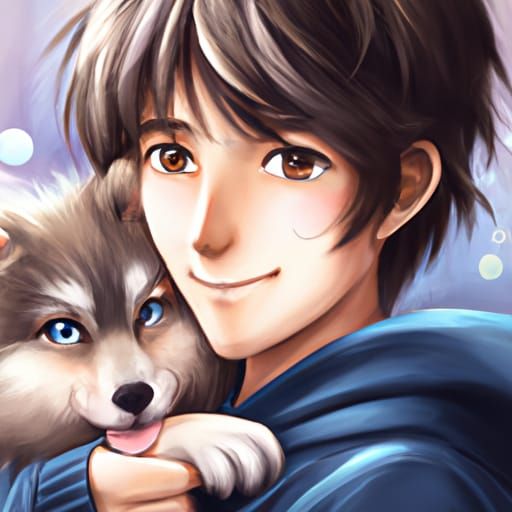 Anime Boy Portrait with Puppy in Art Nouveau Style
