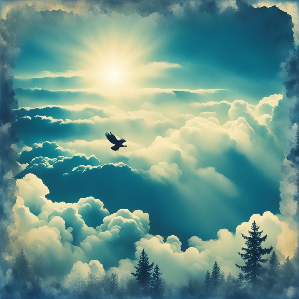 Ethereal Cyanotype Eagle Skyscape with Bokeh