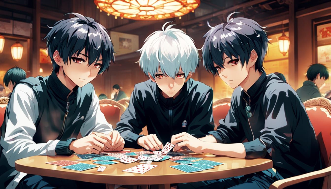 Boys Playing Cards in Japanese Manga Style