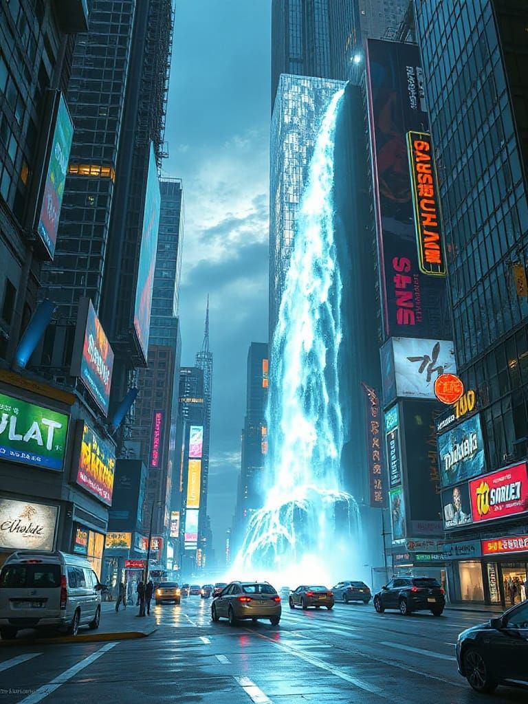 Cyberpunk Waterfall Cityscape in Chrome and Paint Style