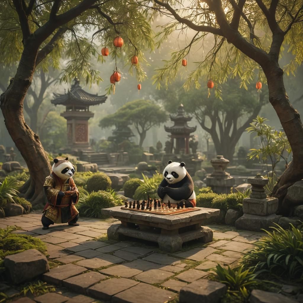 Kung Fu Panda Plays Chess in Misty Garden