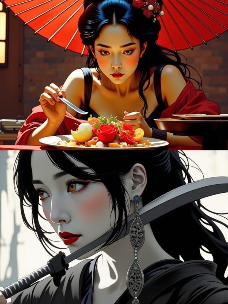 Surreal Geisha Warrior in Hyperrrealistic Manga Style