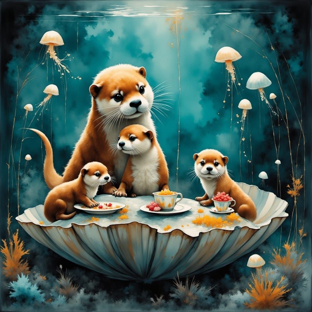 Whimsical Underwater Otter Tea Party in Digital Acrylic Art