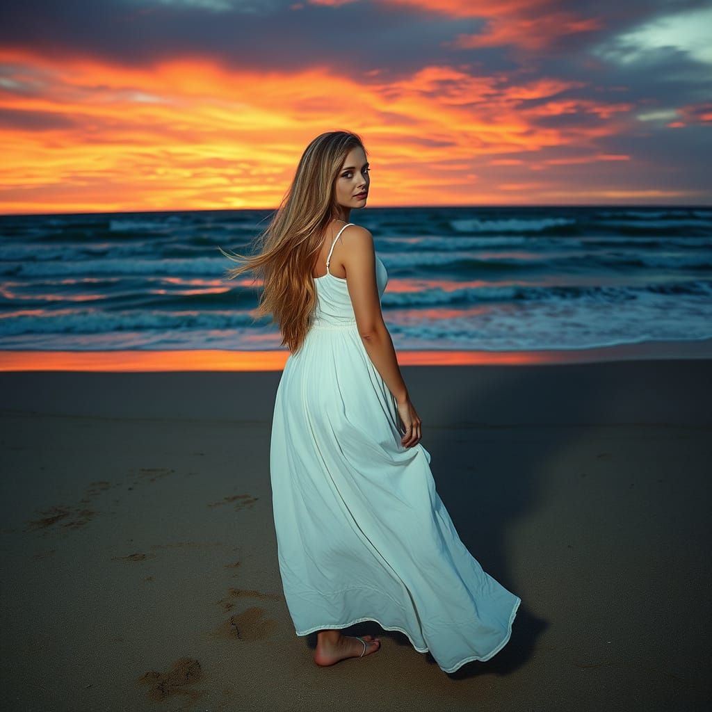 Melancholic Woman on Windswept Beach at Sunset