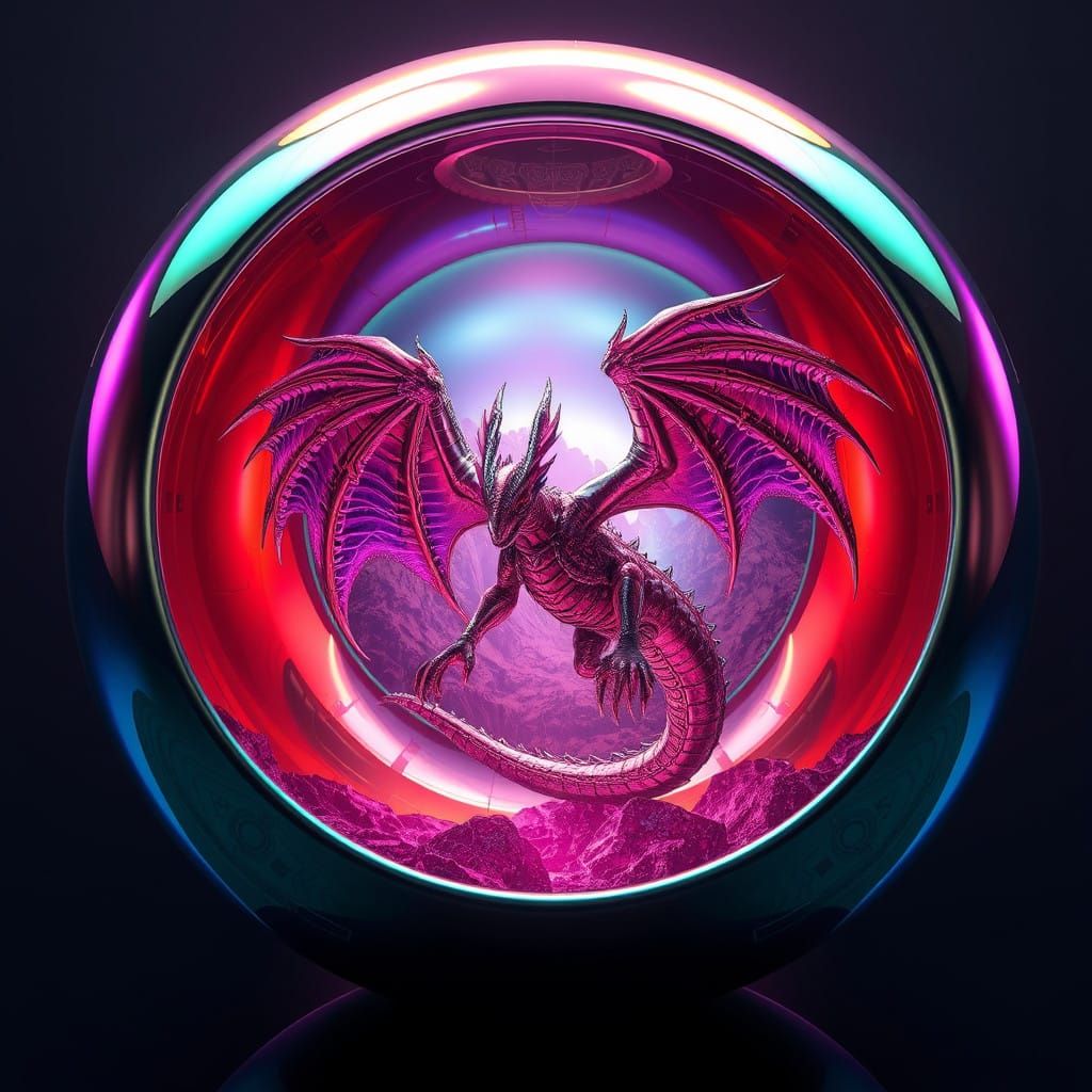Futuristic Metallic Orb Containing a Cybernetic Dragon