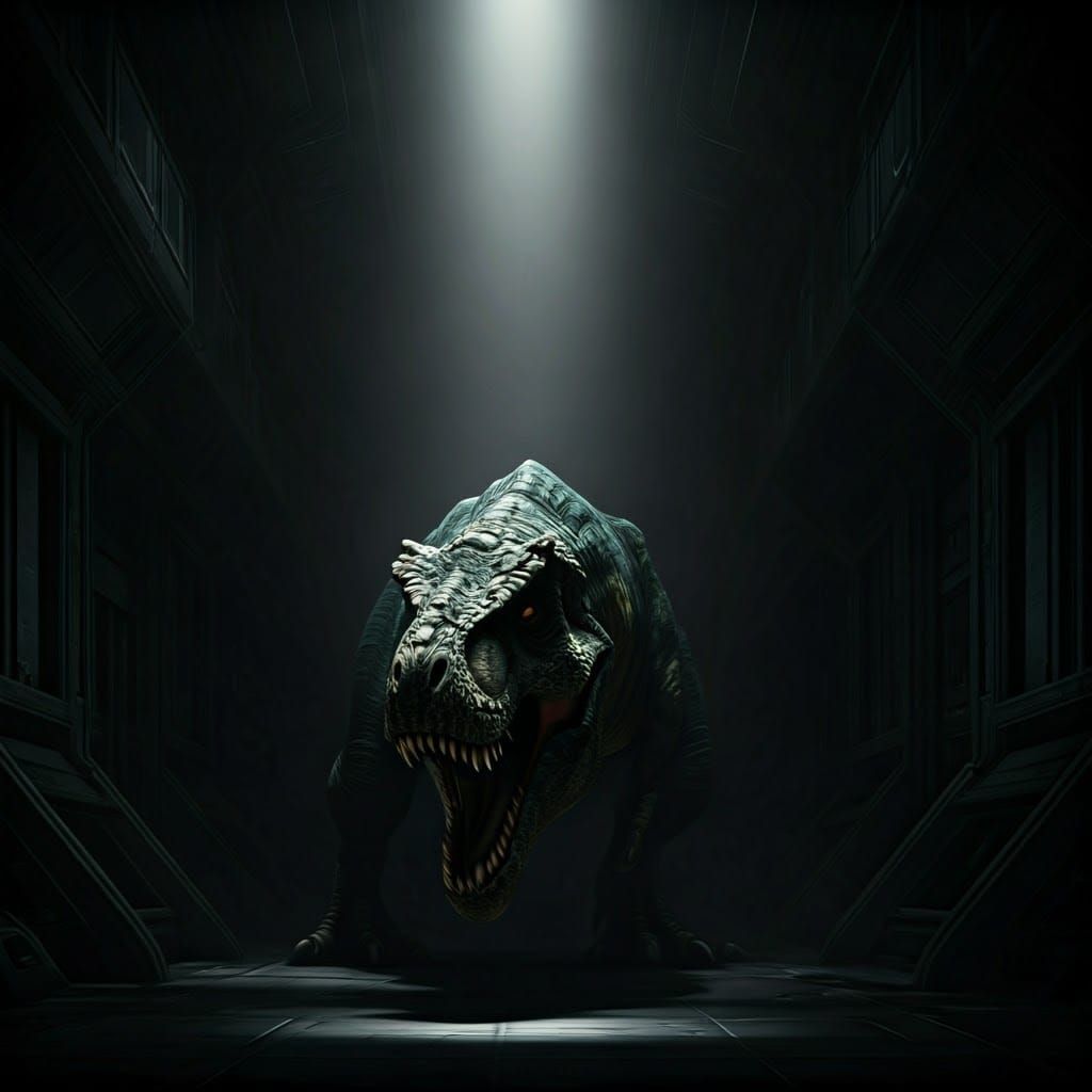 Cosmic T Rex Silhouette Emerges from Darkness