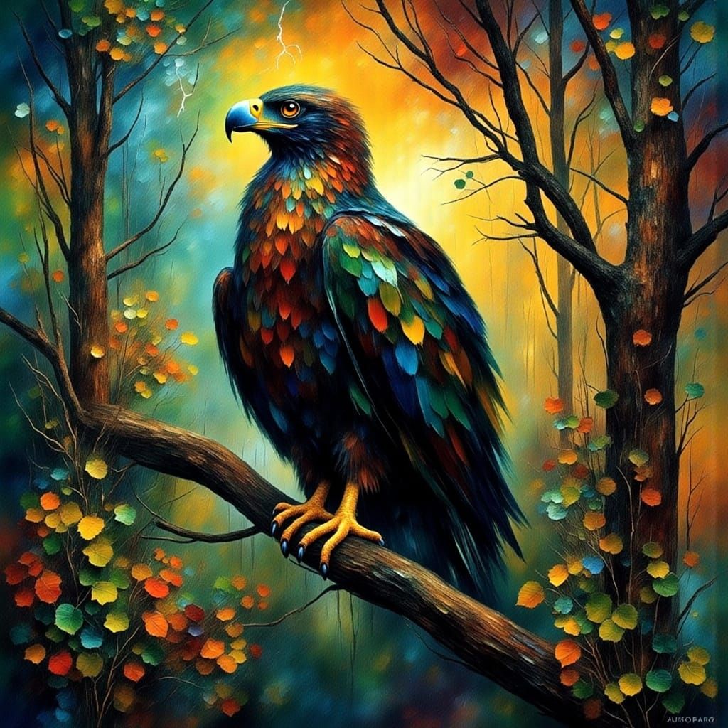 Hyperrealistic Eagle Perched in Tree on Stormy Day