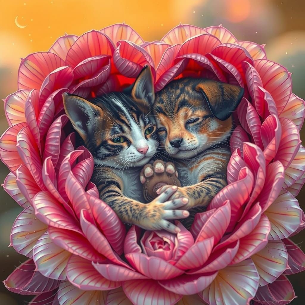 Cat and Dog Cuddle in Lotus Heart: Fantasy Art