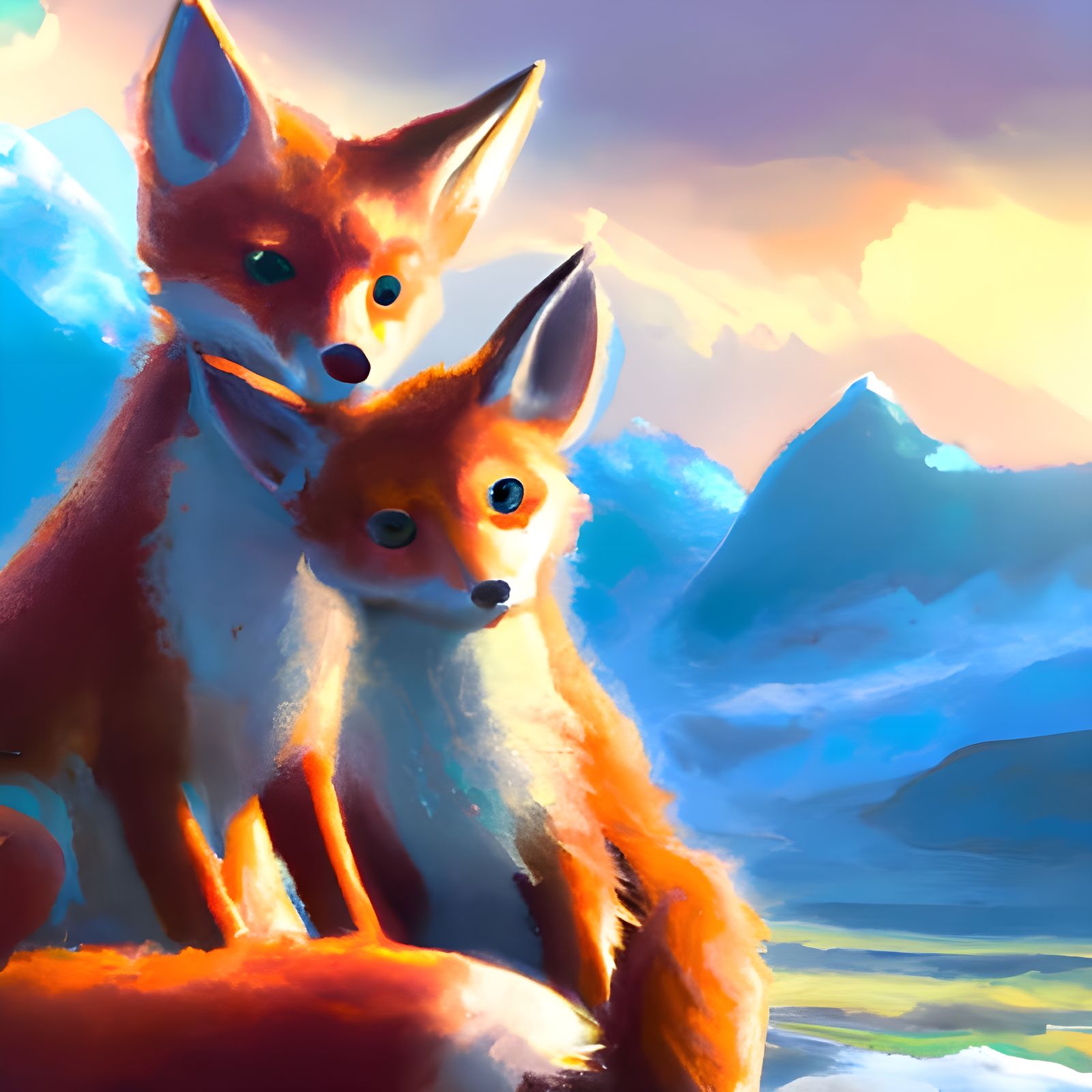 Fox Family Portrait at Sunset, Hyperdetailed Art