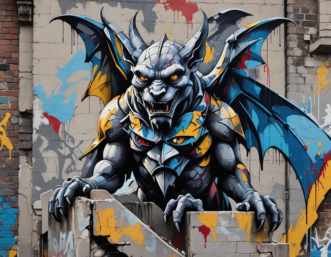 Gothic Gargoyle Graffiti Street Art in City Ruins