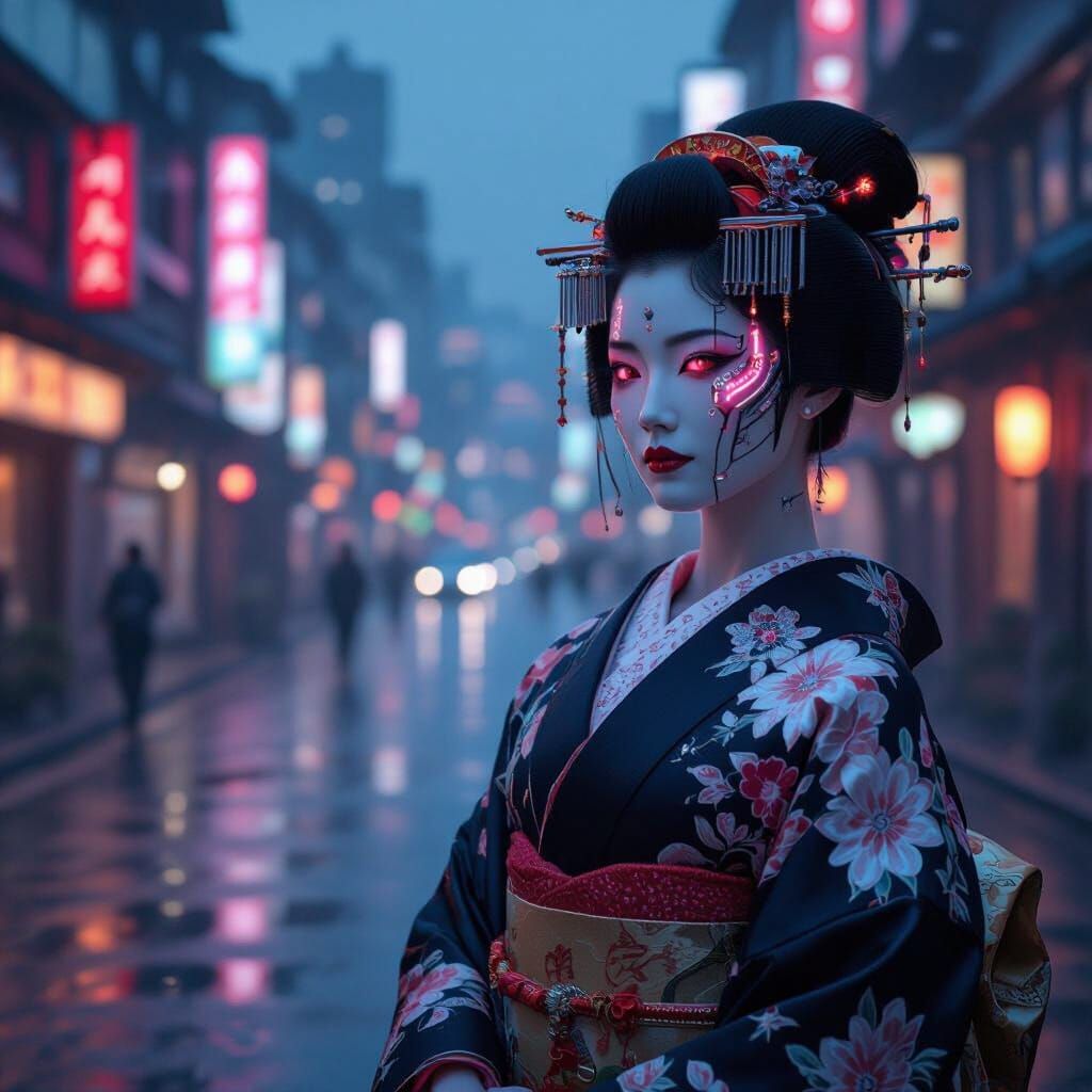Cybernetic Geisha in Dystopian Cityscape, Hyperrealistic Art