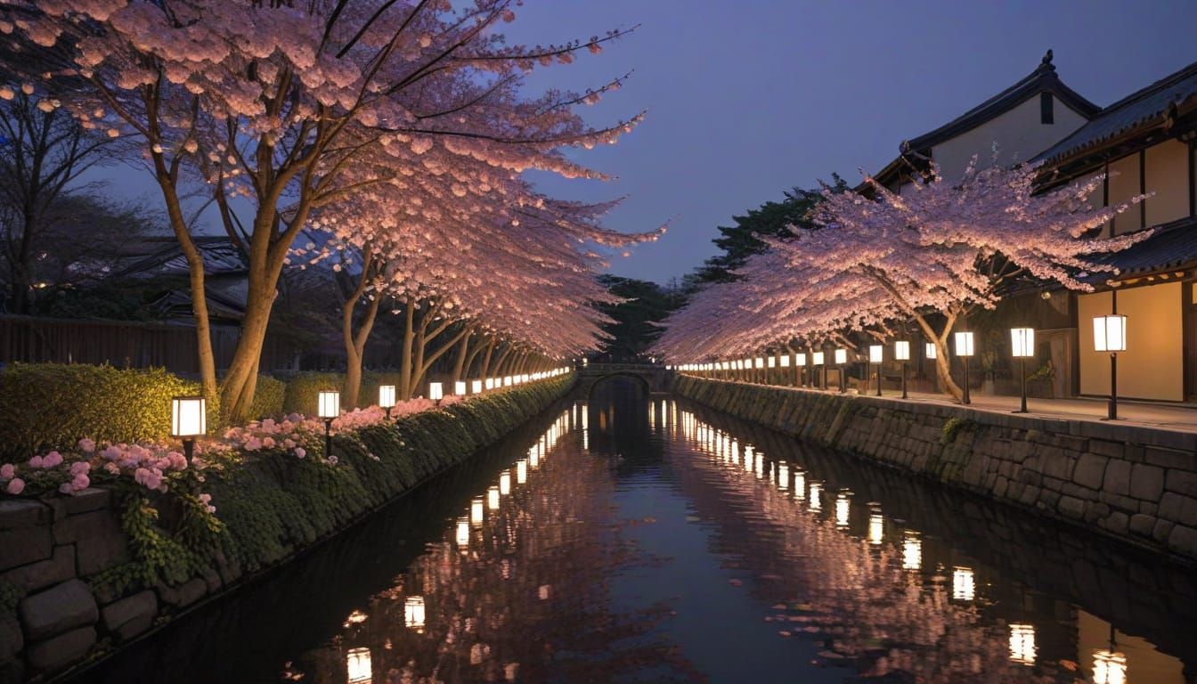 Kyoto Blossom Lanterns: Lilac Rose Canopy Over Canal