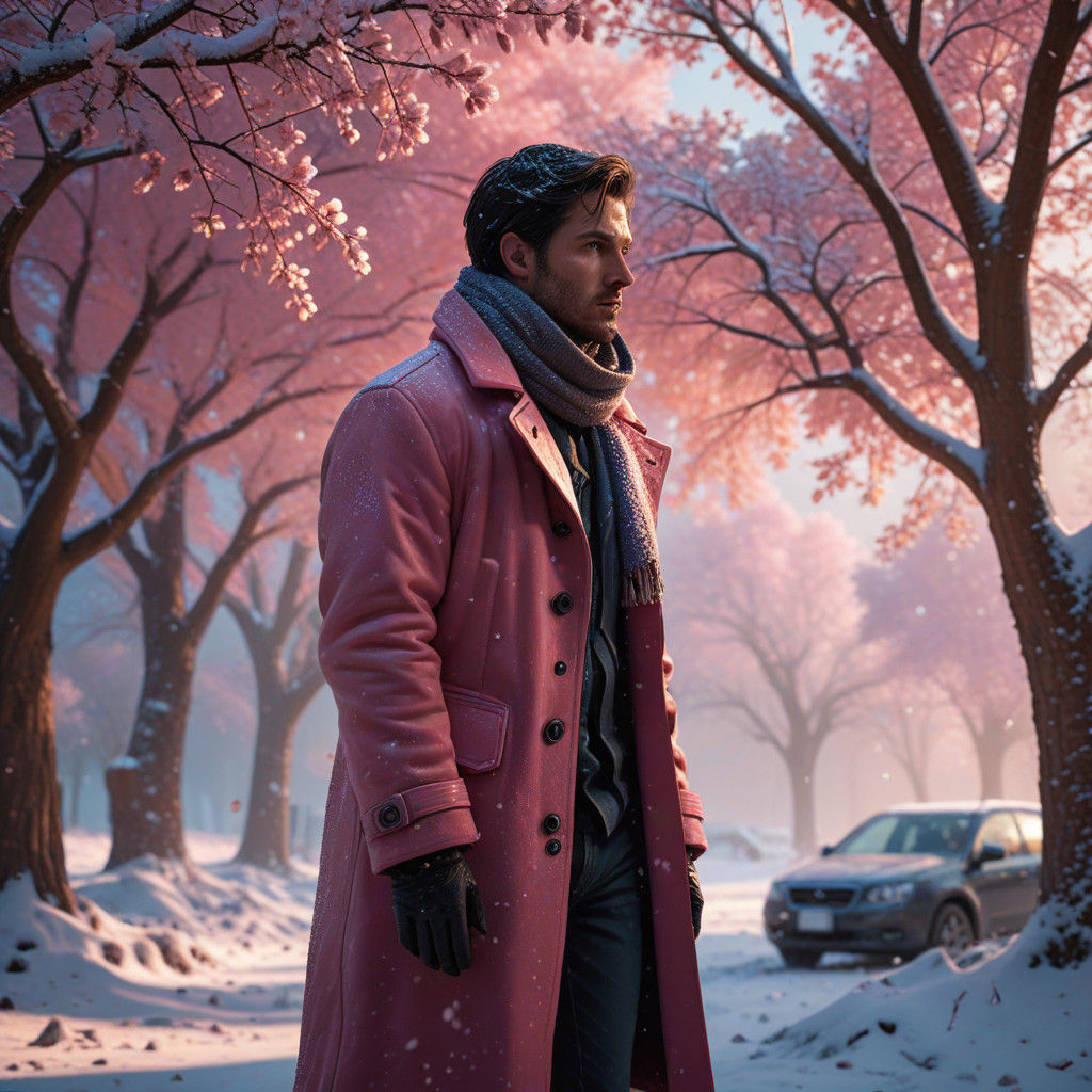 Epic Cinematic Future Winter Scene with Handsome Man and Pin...