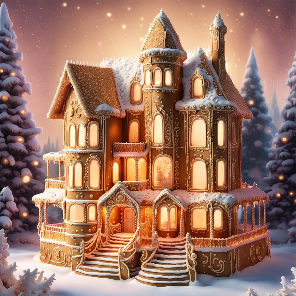 Surreal Gingerbread Mansion in Whimsical Futuristic Style