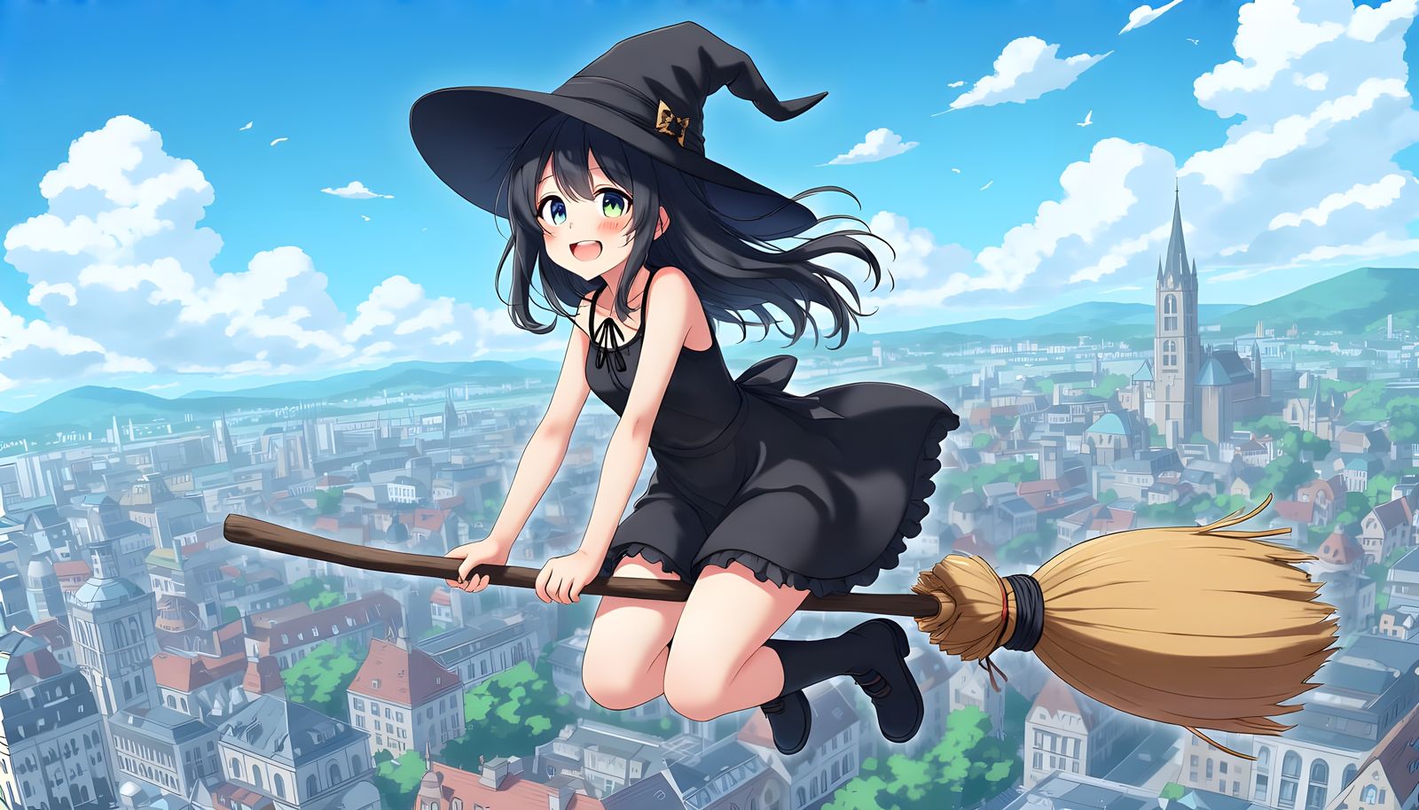 Happy Teenage Witch Flying Over City in Anime Style