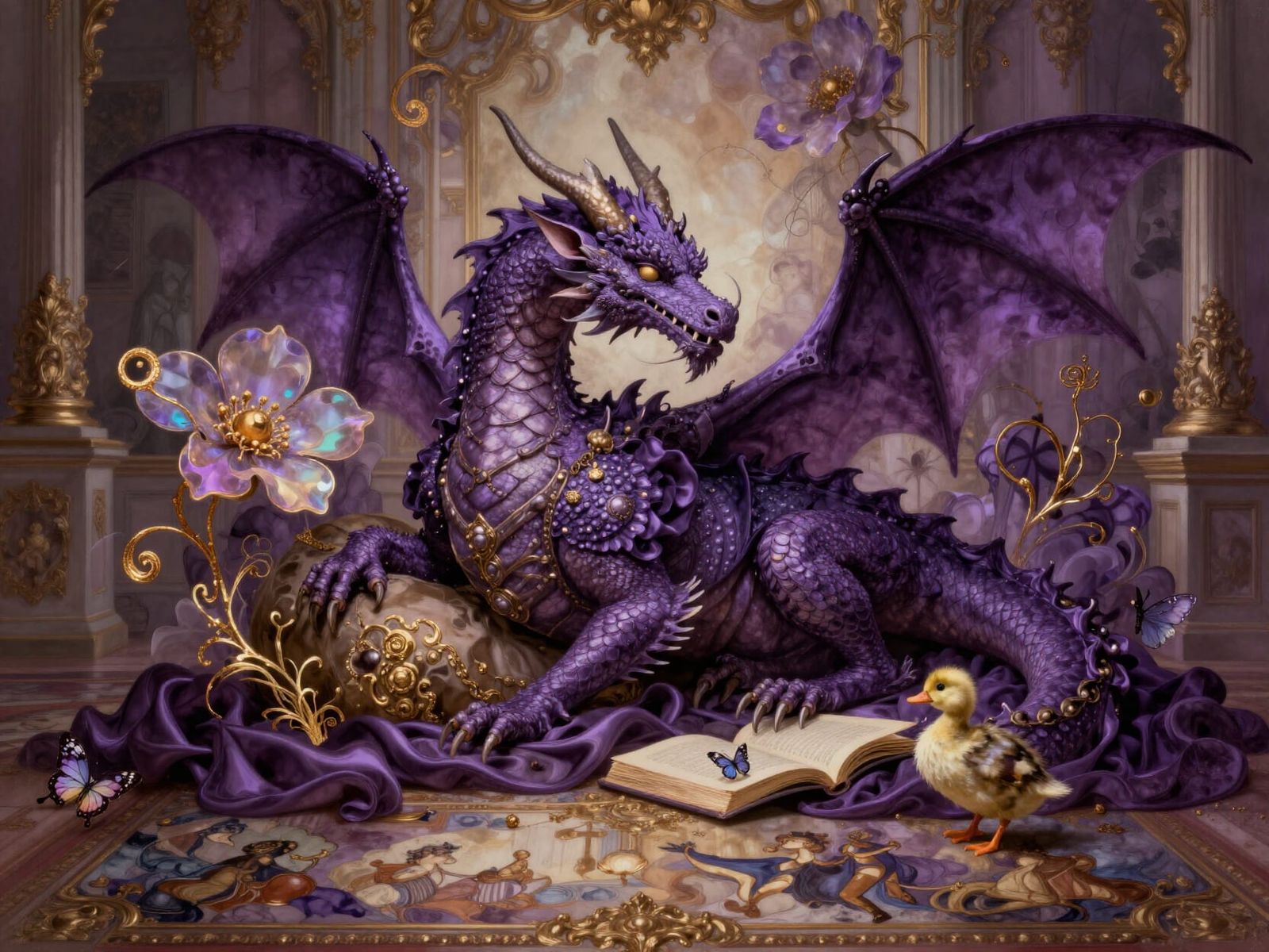 Violet Dragon in Baroque Interior with Abstract Flowers