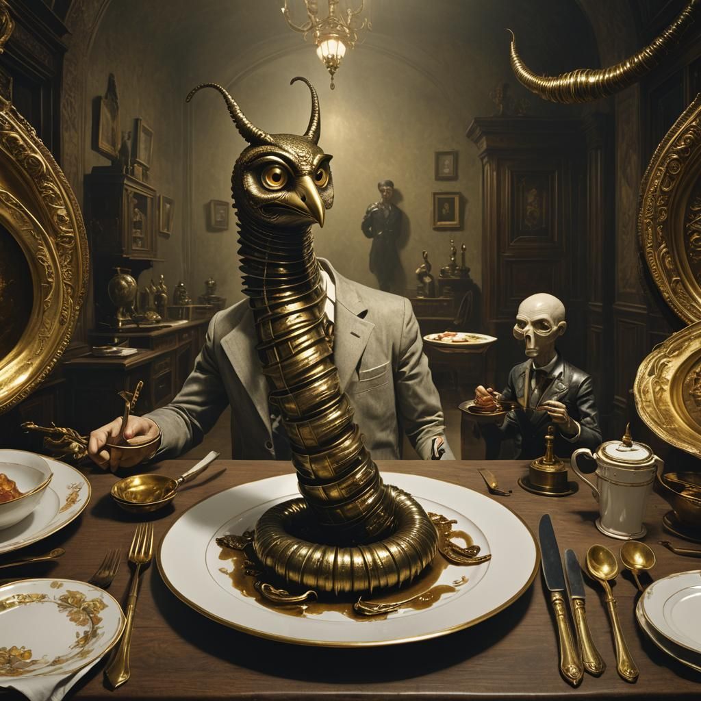 Anthropomorphic Owl-Man Feast in Surreal Art Style
