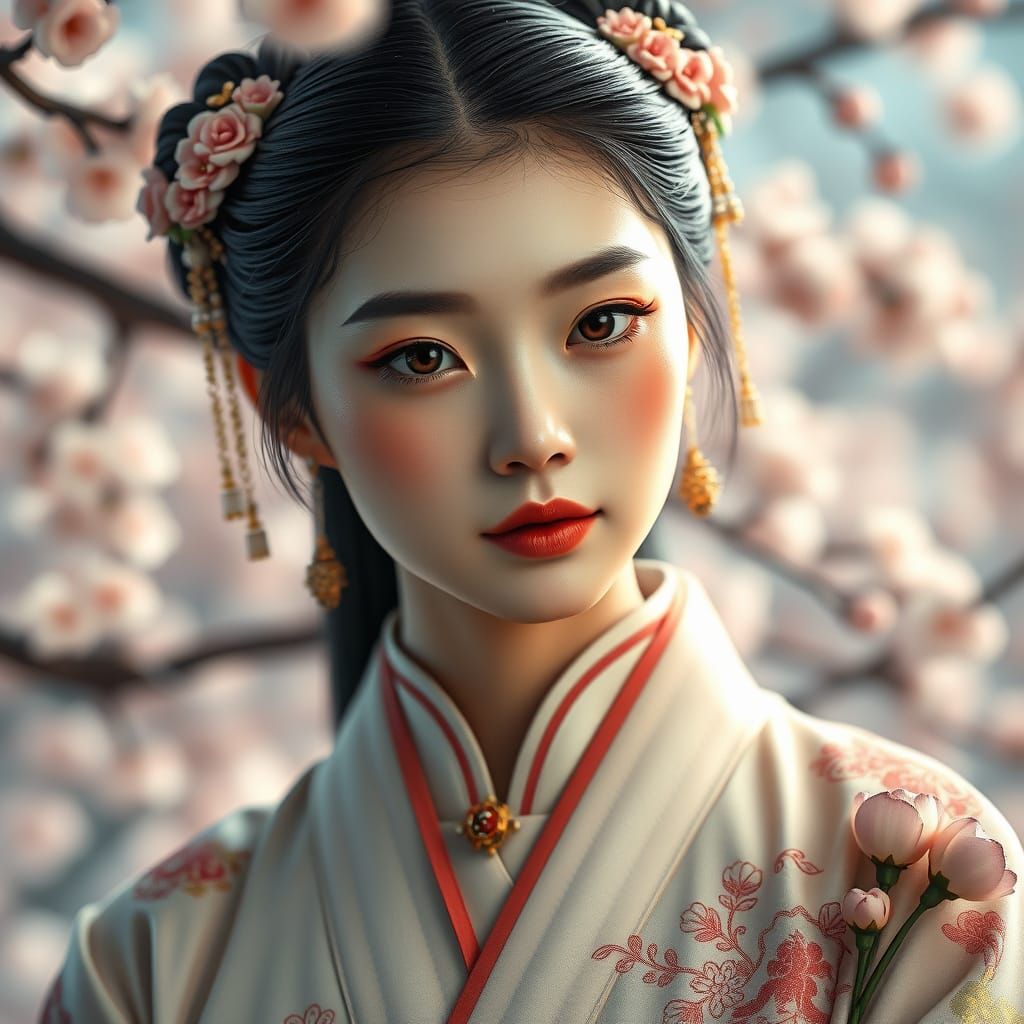 Elegant Diao Chan Portrait with Cherry Blossoms