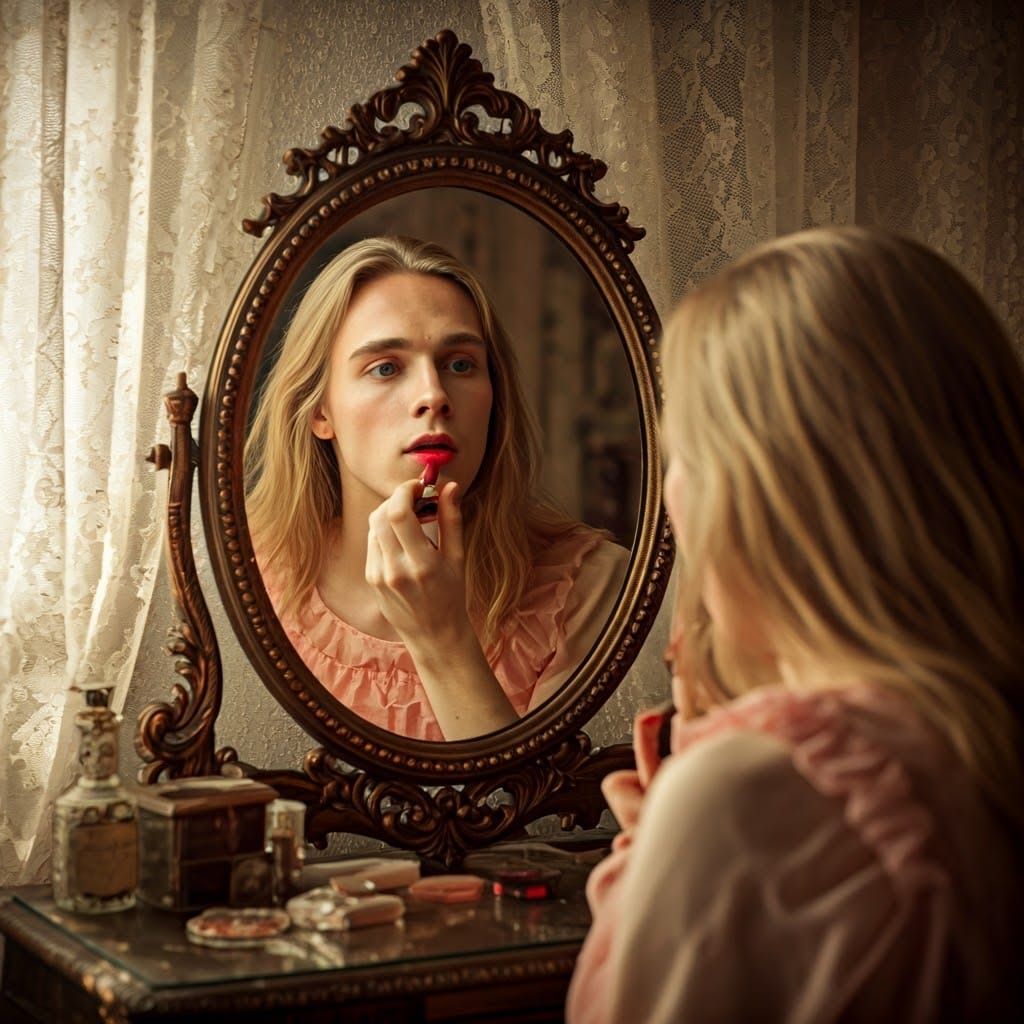 Young Man Applying Lipstick, Soft Focus Portrait