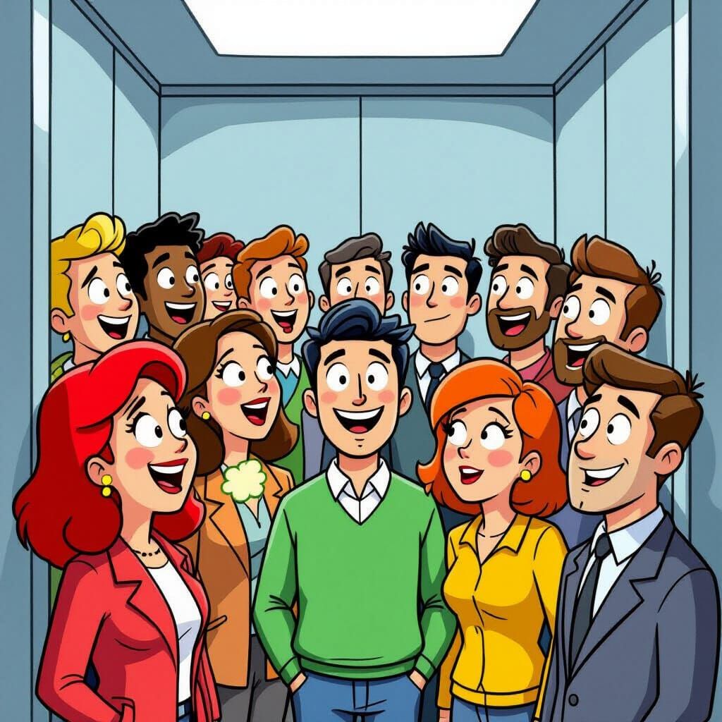 Funny Cartoon Elevator Scene with Giggling and Laughing Adul...